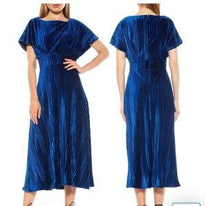 Pleated Boatneck Velvet Midi Dress